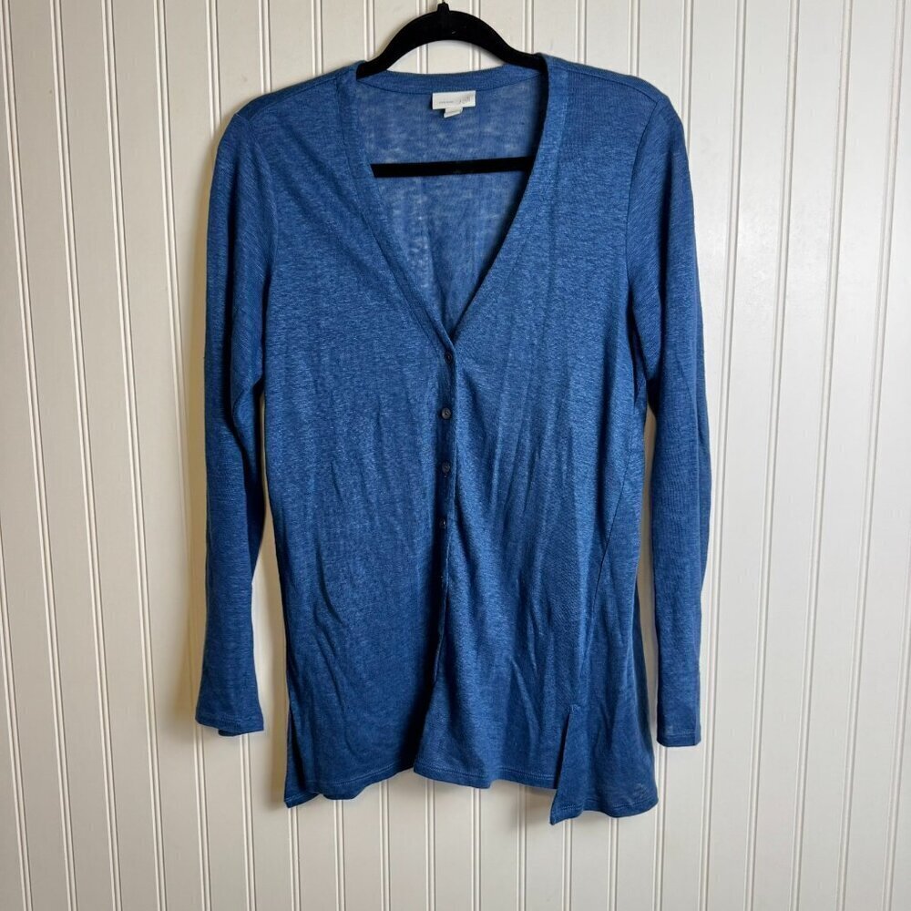 J. Jill Love Linen Blue Button Front Sweater Cardigan 100% Linen Oversize XS A46